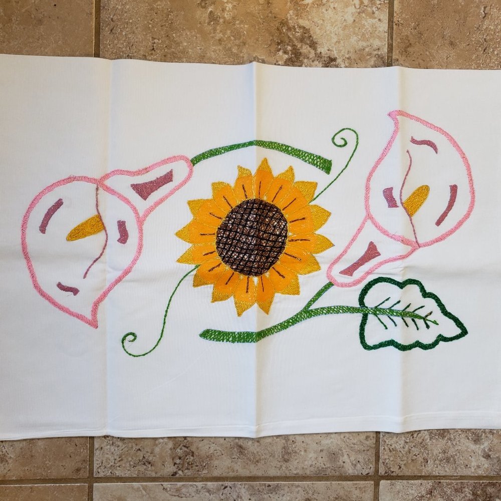 Hand Embroidered Pillow Case Sham Sunflower and Calla Lilies Lily ~ 2 AVAILABLE